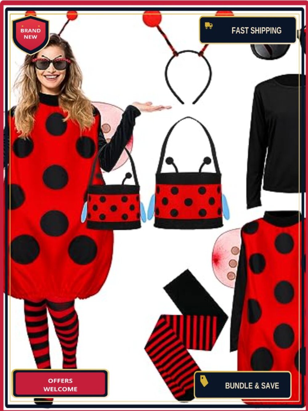 Women's Ladybug Costume Set Halloween Cosplay Party Accessories